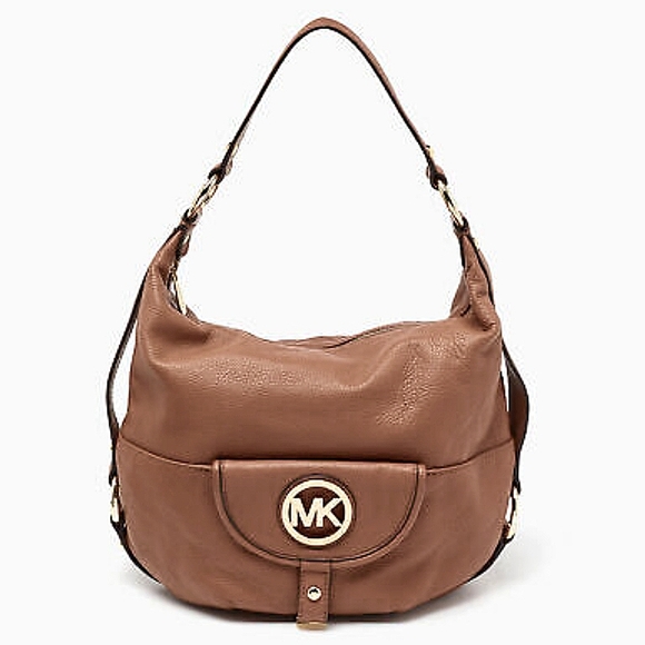 🤎 Michael Kors MK Fulton Caramel Tan Genuine Pebbled Leather Shoulder Hobo Bag - Picture 1 of 14